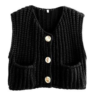 Women's Black Crochet Chunky Knit Sleeveless Gold Button Crop Top Sweater Vest M